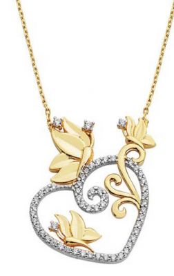 14 Ayar Altın Çiçekli Kalp Modeli Kolye - 1