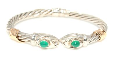 14 K Gold & Silver Green Stone-set Twisted Bangle