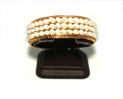 14K Gold Bangle Bracelet, Three Rows Pearl Design - 3