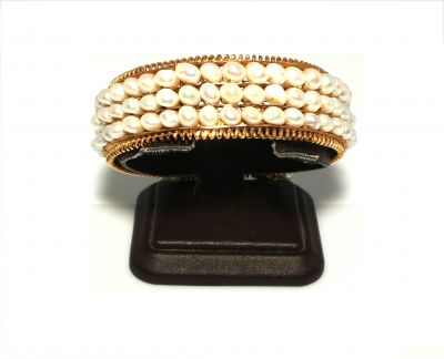14K Gold Bangle Bracelet, Three Rows Pearl Design - 3