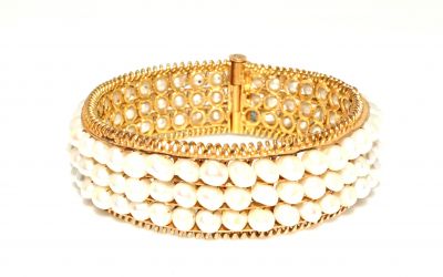 14K Gold Bangle Bracelet, Three Rows Pearl Design - 2