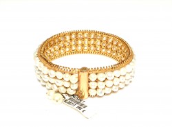 14K Gold Bangle Bracelet, Three Rows Pearl Design - 4