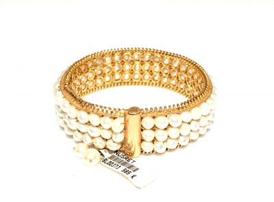 14K Gold Bangle Bracelet, Three Rows Pearl Design - 4