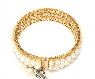14K Gold Bangle Bracelet, Three Rows Pearl Design - 5