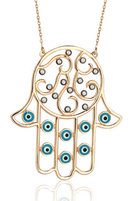 14K Gold Hamsa Hand & Evil Eyed Necklace - 1