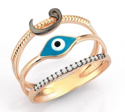 14K Gold Vav Letter & Evil Eye Ring - 1