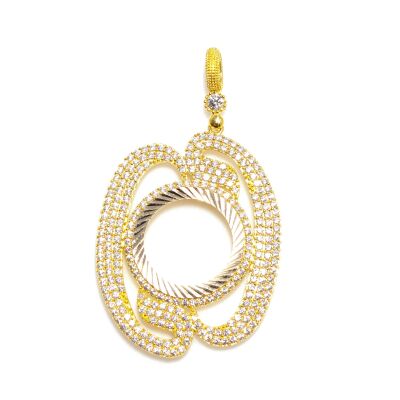 14K Solid Gold Large Vav Pattern Coin Frame Pendant - 1