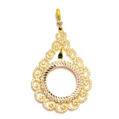 14K Solid Gold Statement Coin Frame Pendant with Emerald - 1