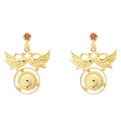 22K Gold Ancient Byzantium Design Dove Hoop Earrings with Ruby - 2