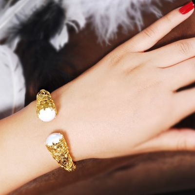 22K Gold Bangle Bracelet, Constantinople Style with Pearls - 8