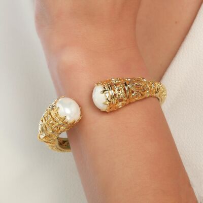 22K Gold Bangle Bracelet, Constantinople Style with Pearls - 1