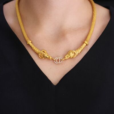 22K Gold Beaded Necklace, Ram's Head Design - 1