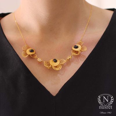 22K Gold Black Onyx Stone Filigree Necklace - 5