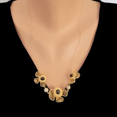 22K Gold Black Onyx Stone Filigree Necklace - 1