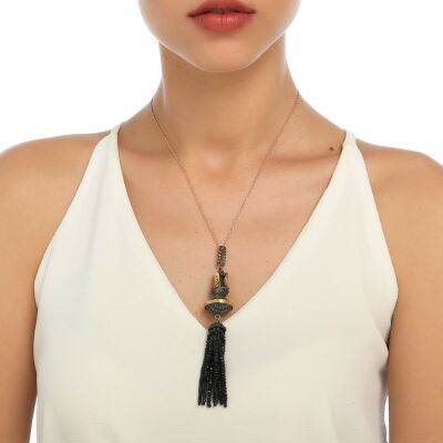 24 K Gold & Silver Sapphire Stone-set Tassel Necklace Pendant