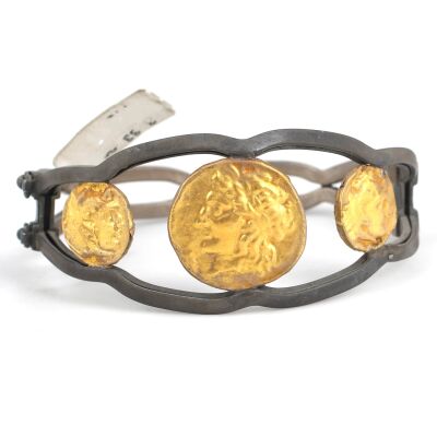 24 K Gold & Silver Three Resimli Bangle