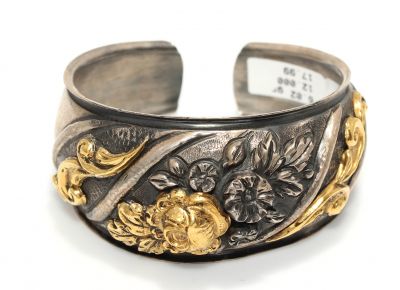 24K Gold and Sterling Silver Flower Inlaid Bracelet - 9