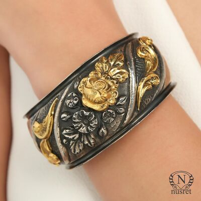 24K Gold and Sterling Silver Flower Inlaid Bracelet - 10
