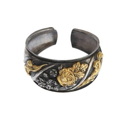 24K Gold and Sterling Silver Flower Inlaid Bracelet - 4