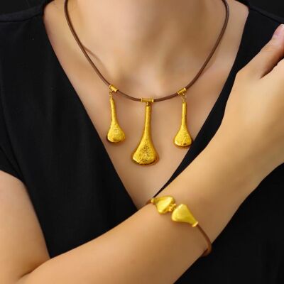24K Gold Layers with Leather Chain Necklace - 1