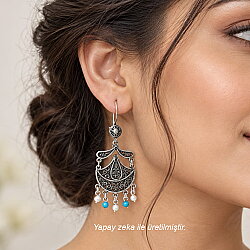925 Ayar Gümüş Ay Ve Damla Model Turkuaz Ve İnci Taşlı Telkari Küpe - Nusrettaki (1)