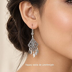 925 Ayar Gümüş Baklava Motifli Beş Pul Sallantılı Telkari Küpe - 3