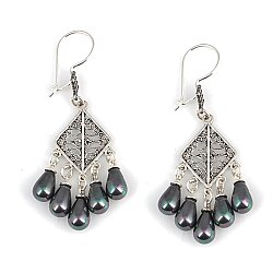 925 Silver Square Dangle Filigree Earring with Black Pearls - Nusrettaki (1)