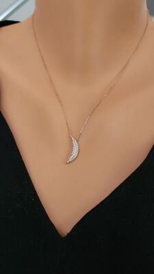925 Ayar Gümüş Beyaz Zirkon Taşlı Ters Ay Kolye - 9