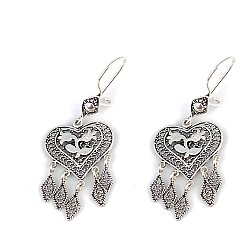 925 Silver Heart Shaped Rose Pattern Dangle Filigree Earrings - Nusrettaki (1)