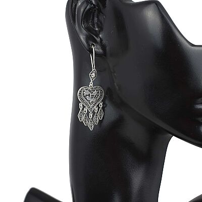 925 Ayar Gümüş Çiçek Desenli Kalp Modeli Telkari Küpe - 4