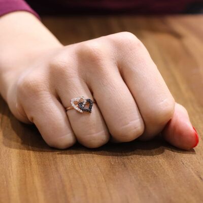 925 Ayar Gümüş Çift Kalp Yüzük - 1