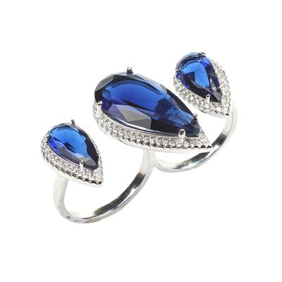925 Ayar Gümüş Çift Parmak Yüzüğü Damla Safir Üçlü - 6