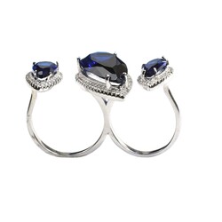 925 Ayar Gümüş Çift Parmak Yüzüğü Damla Safir Üçlü - 5