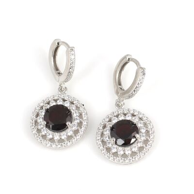 925 Ayar Gümüş Çift Sıra Anturaj Yuvarlak Garnet Taşlı Küpe - 1