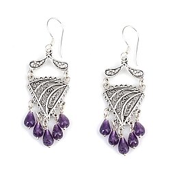925 Sterling Silver Dangle Filigree Earrings, Triangle Design with Amethyst - Nusrettaki (1)