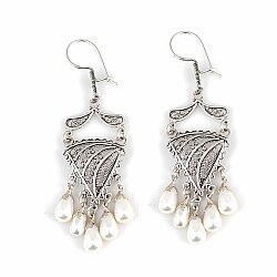 925 Sterling Silver Dangle Filigree Earrings, Triangle Design with Pearls - Nusrettaki (1)