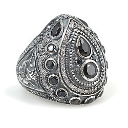 925 Ayar Gümüş Damla Motifli Siyah Spinel Taşlı Erkek Yüzük - 3