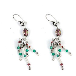 925 Silver Spongy Ball & Agate Stoned Filigree Dangle Earrings - Nusrettaki (1)