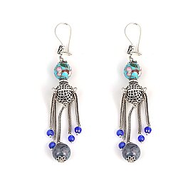 925 Silver Spongy Ball & Lapis Stoned Filigree Dangle Earrings - Nusrettaki