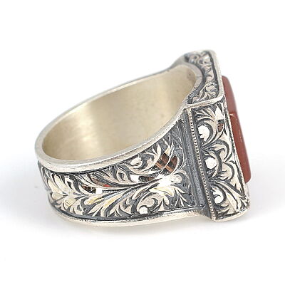 925 Ayar Gümüş Dikdörtgen Kesim Akik El Kalemli Erkek Yüzüğü - 4