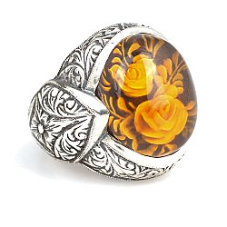 925 Ayar Gümüş Gül Desenli Gerçek Kehribar Taşlı Erkek Yüzük - Nusrettaki