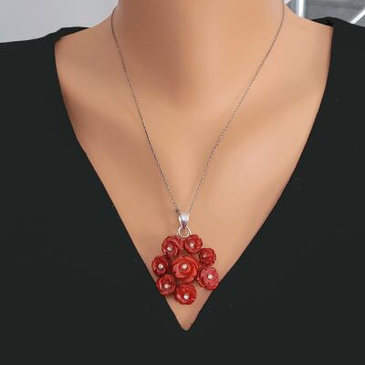 925 Ayar Gümüş Gül Mercan Taşlı Kolye Ucu - 2