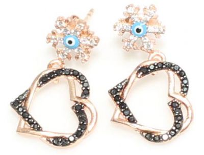925 Ayar Rose Gümüş Kar tanesi ve İç İçe Kalp Küpe, Rose - 5