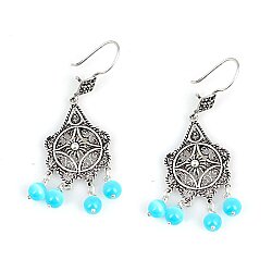 925 Silver Flower Boquet Filigree Chandelier Earrings with Blue Catseye - Nusrettaki (1)