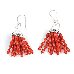 925 Silver Red Coral Tassel Dangle Earrings - Nusrettaki