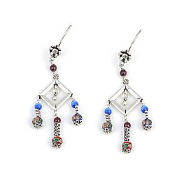 925 Silver Enameled Pieced Square Shaped Filigree Earrrings, Chandelier - Nusrettaki (1)