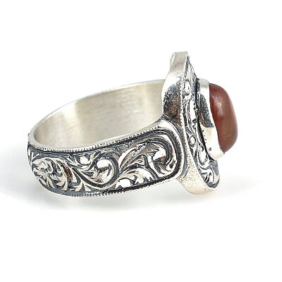 925 Ayar Gümüş Oval Çerçeveli Akik Taşlı Kalemli Yüzük - 3