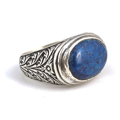 925 Ayar Gümüş Oval Lapis Lazuli Taşlı İşlemeli Erkek Yüzüğü - 1