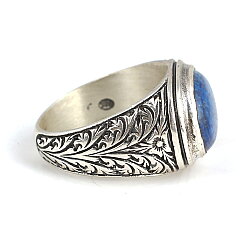 925 Ayar Gümüş Oval Lapis Lazuli Taşlı İşlemeli Erkek Yüzüğü - 3