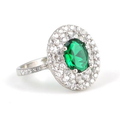925 Ayar Gümüş Oval Zümrüt Renk Taşlı Yüzük - 2